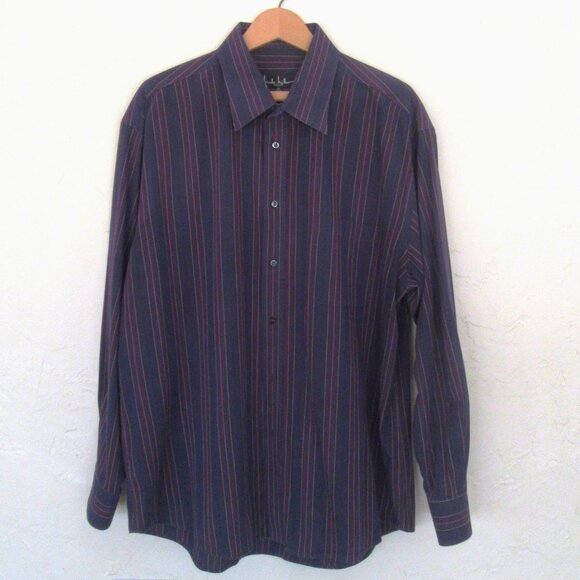 NICOLE MILLER burgundy & navy striped men's long sleeved shirt - XL - 17 34/35 - Picture 1 of 7